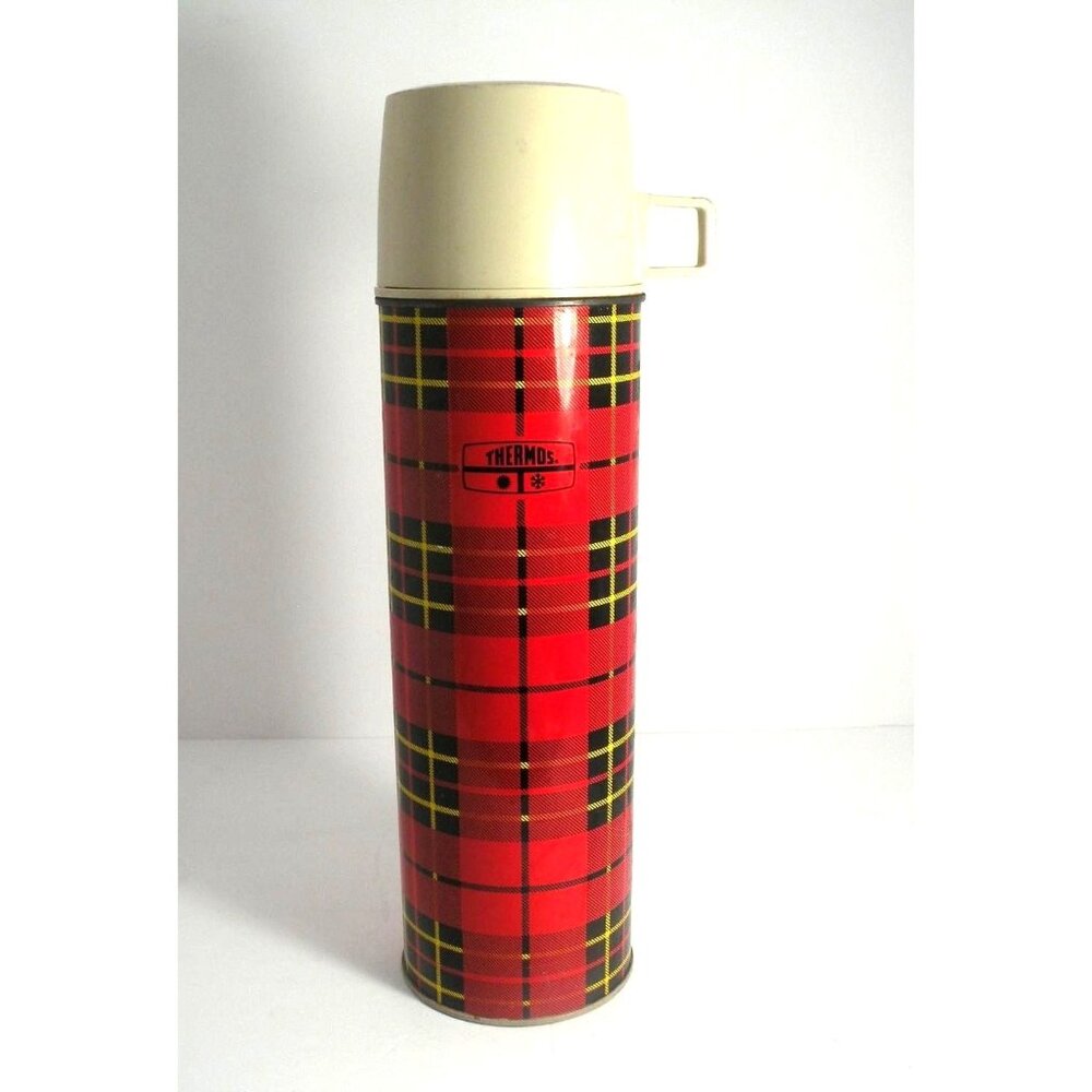 Vintage King Sealy Thermos Red Plaid Metal Vacuum Bottle With Cream Cap & Handle